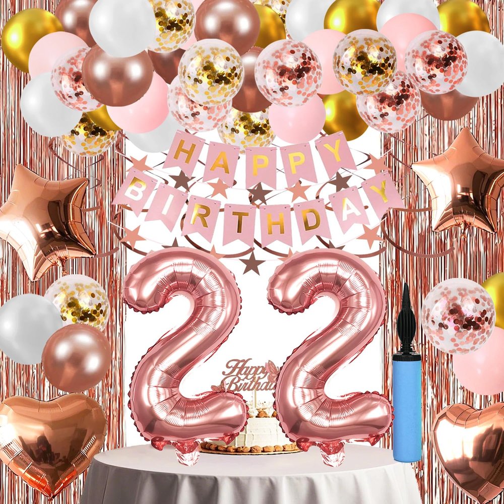 22nd Birthday Decorations For Women, 22 Year Olds Happy Birthday Banners Party Decor Balloon Foil Fringe Curtains Heart Star Confetti Balloons, 22nd Rose Gold Party Supplies for Girls Women Her