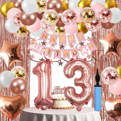 13th Birthday Decorations For Girls, 13 Year Olds Happy Birthday Banners Party Decor Balloon Foil Fringe Curtains Heart Star Confetti Balloons, 13th Rose Gold Party Supplies for Girls Women Her