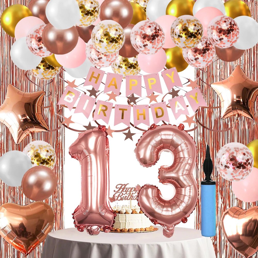 13th Birthday Decorations For Girls, 13 Year Olds Happy Birthday Banners Party Decor Balloon Foil Fringe Curtains Heart Star Confetti Balloons, 13th Rose Gold Party Supplies for Girls Women Her