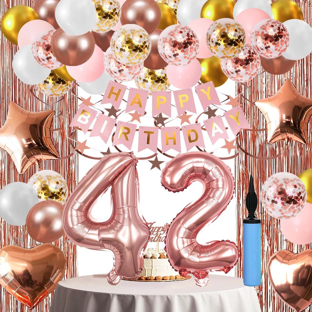 42nd Birthday Decorations For Women, 42 Year Olds Happy Birthday Banners Party Decor Balloon Foil Fringe Curtains Heart Star Confetti Balloons, 42nd Rose Gold Party Supplies for Girls Women Her
