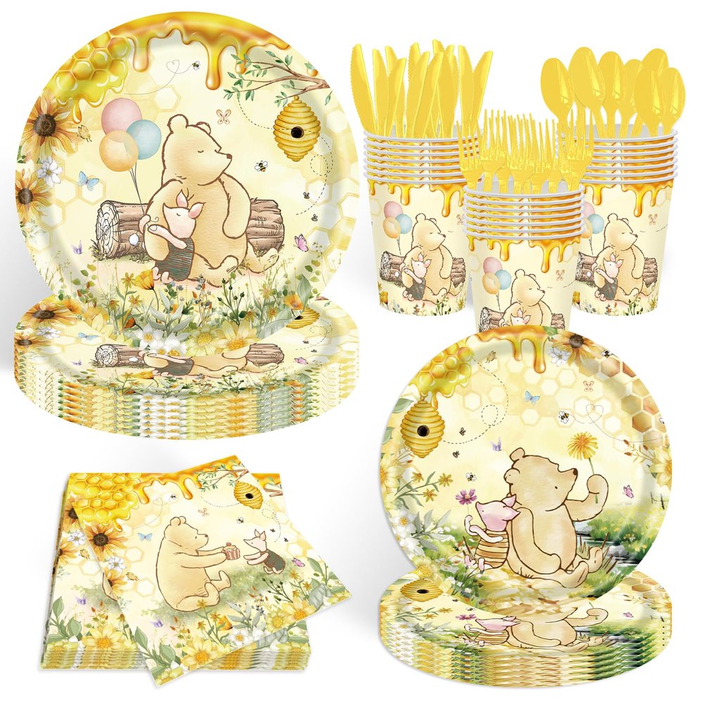 140pcs Classic Bear Baby Shower Decorations Baby Shower Party Tableware with Plates, Napkin, Forks, Cups for Birthday Party Supplies Set Serves 20 Guests
