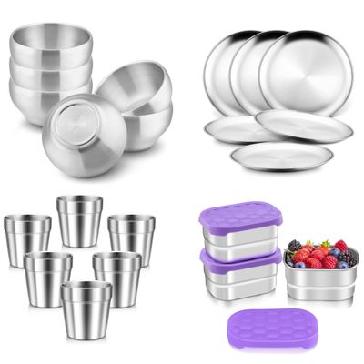 HaWare 18-Piece Kids Dinnerware Set with 3 Packs Snack Containers, Stainless Steel Toddler Dishes and Lunch Box, Small Food Containers for Kids Self-feeding, Non-toxic & Reusable