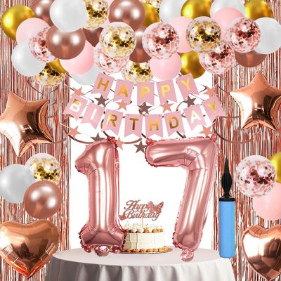 17th Birthday Decorations For Girls, 17 Year Olds Happy Birthday Banners Party Decor Balloon Foil Fringe Curtains Heart Star Confetti Balloons, 17th Rose Gold Party Supplies for Girls Women Her