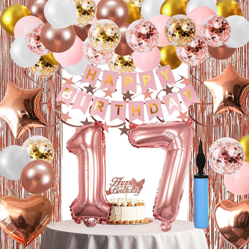17th Birthday Decorations For Girls, 17 Year Olds Happy Birthday Banners Party Decor Balloon Foil Fringe Curtains Heart Star Confetti Balloons, 17th Rose Gold Party Supplies for Girls Women Her