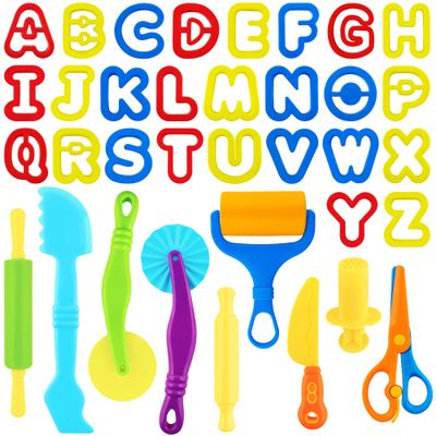 Dough Tools 35pcs Dough Tools Play for Kids Clay Accessories with Rolling Pins,Letter Cutters,Roller,Safety Scissors,Plastic Knife