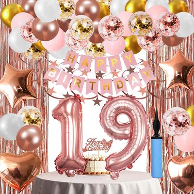 19th Birthday Decorations For Girls, 19 Year Olds Happy Birthday Banners Party Decor Balloon Foil Fringe Curtains Heart Star Confetti Balloons, 19th Rose Gold Party Supplies for Girls Women Her