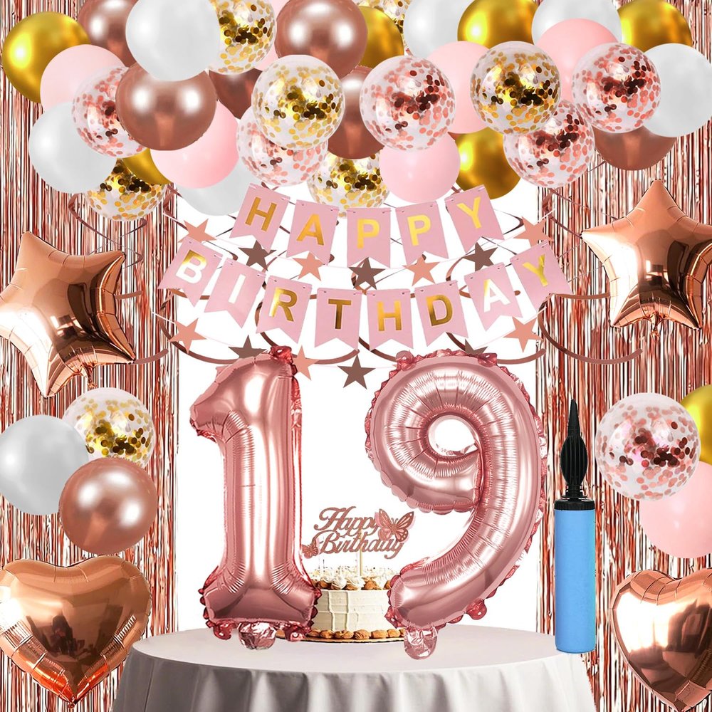 19th Birthday Decorations For Girls, 19 Year Olds Happy Birthday Banners Party Decor Balloon Foil Fringe Curtains Heart Star Confetti Balloons, 19th Rose Gold Party Supplies for Girls Women Her