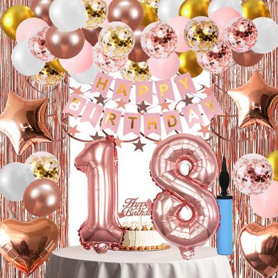 18th Birthday Decorations For Girls, 18 Year Olds Happy Birthday Banners Party Decor Balloon Foil Fringe Curtains Heart Star Confetti Balloons, 18th Rose Gold Party Supplies for Girls Women Her