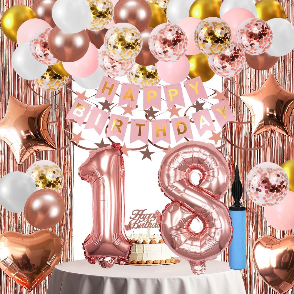 18th Birthday Decorations For Girls, 18 Year Olds Happy Birthday Banners Party Decor Balloon Foil Fringe Curtains Heart Star Confetti Balloons, 18th Rose Gold Party Supplies for Girls Women Her