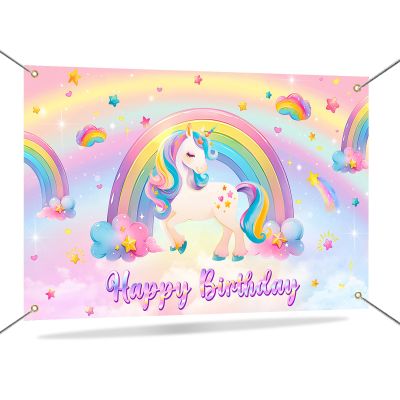 Mocsicka Unicorn Birthday Banner Backdrop Pastel Rainbow Unicorn Backdrop for Girls Birthday Decorations Party Supplies 70.8 x 43.3 Inch