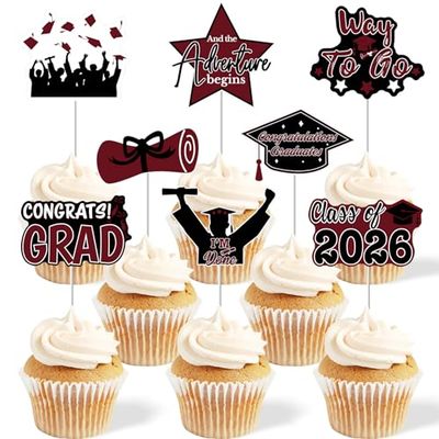 2026 Graduation Cupcake Toppers - 48 Pcs Maroon Graduation Party Supplies Mini Cake Food/Appetizer Picks For Class of 2026 Graduation Decorations