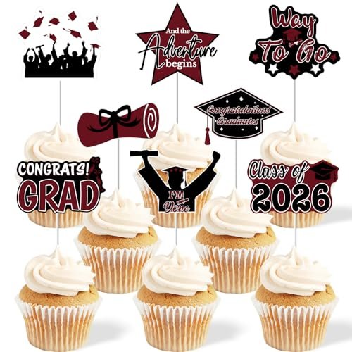2026 Graduation Cupcake Toppers - 48 Pcs Maroon Graduation Party Supplies Mini Cake Food/Appetizer Picks For Class of 2026 Graduation Decorations