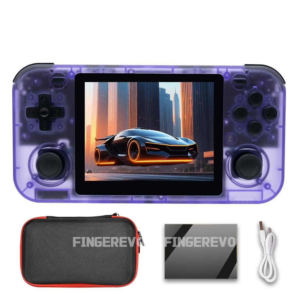 FINGEREVO O30S Handheld Game Console 3.5-in 640 * 480 IPS OCA Screen 3000mAh Linux-opensource RK3326 o30s with Portable Case Transparent Purple