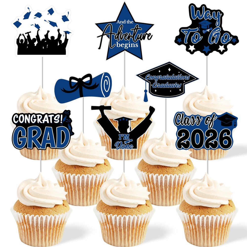2026 Graduation Cupcake Toppers - 48 Pcs Blue Graduation Party Supplies Mini Cake Food/Appetizer Picks For Class of 2026 Graduation Decorations