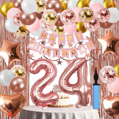 24th Birthday Decorations For Women, 24 Year Olds Happy Birthday Banners Party Decor Balloon Foil Fringe Curtains Heart Star Confetti Balloons, 24th Rose Gold Party Supplies for Girls Women Her