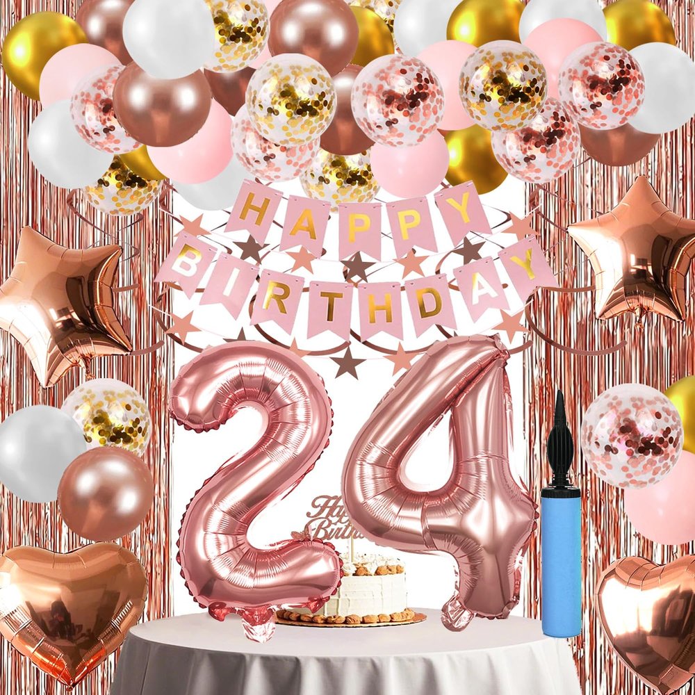 24th Birthday Decorations For Women, 24 Year Olds Happy Birthday Banners Party Decor Balloon Foil Fringe Curtains Heart Star Confetti Balloons, 24th Rose Gold Party Supplies for Girls Women Her