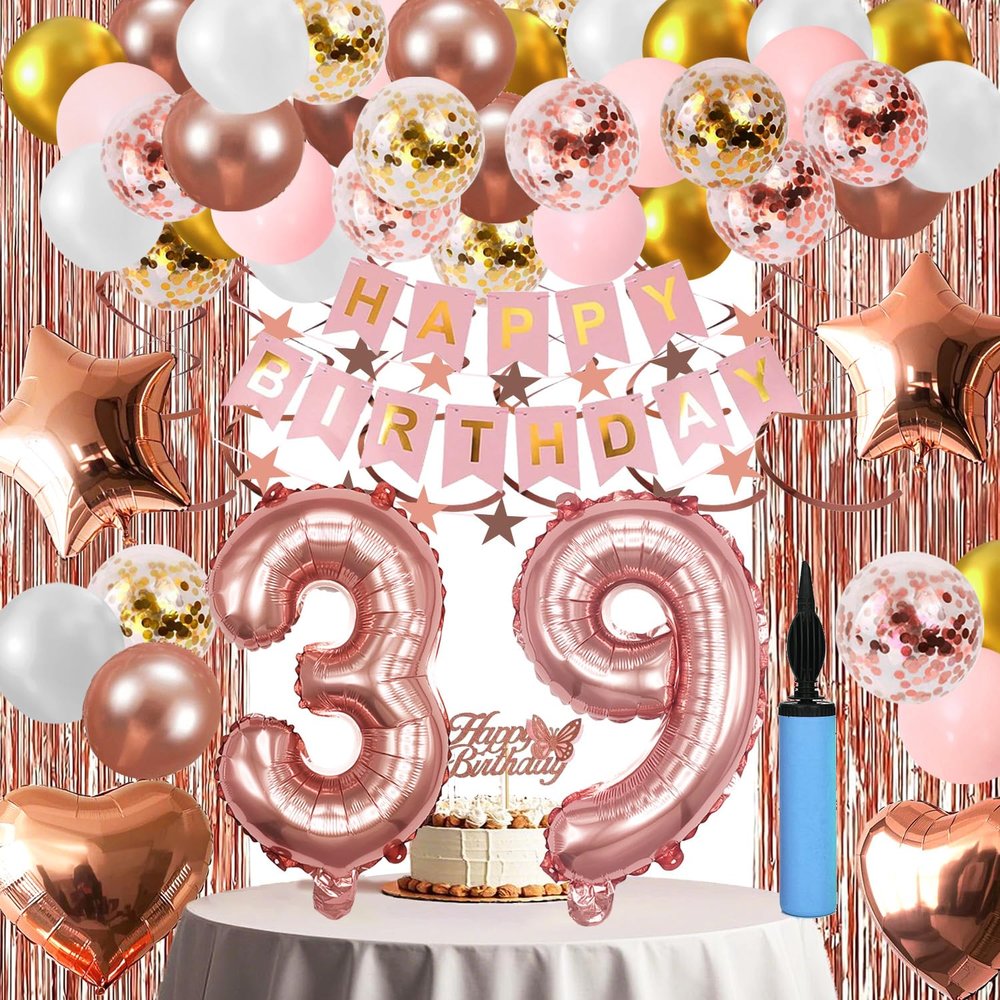 39th Birthday Decorations For Women, 39 Year Olds Happy Birthday Banners Party Decor Balloon Foil Fringe Curtains Heart Star Confetti Balloons, 39th Rose Gold Party Supplies for Girls Women Her