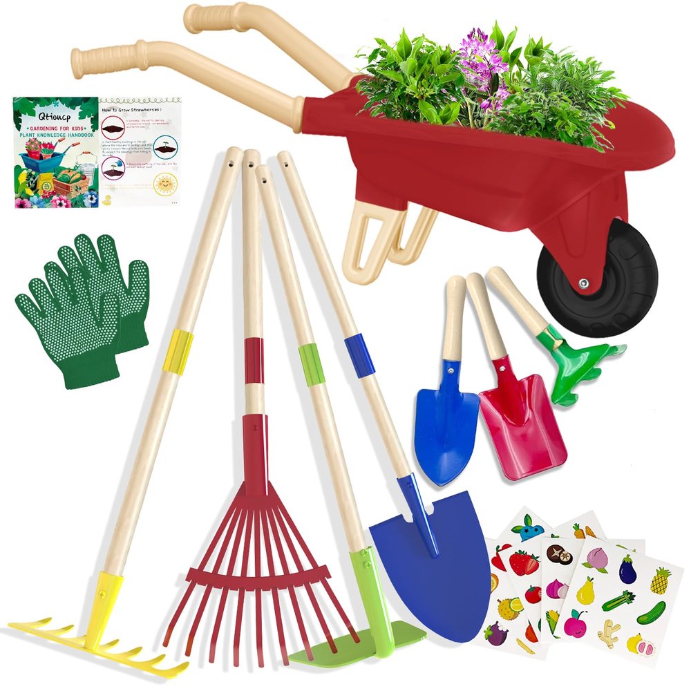 Qtioucp Kids Gardening Tools Outdoor Toys Set Backyard Play with Wheelbarrow Educational STEM Learning Pretend Toys Outdoor Indoor for Toddlers Kids Boys Girls (Red Wheelbarrow Set)