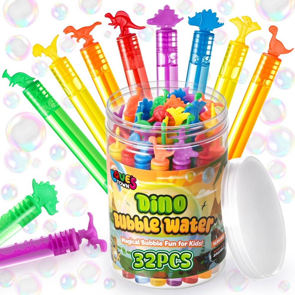LovesTown 32Pack Bubbles for Kids Party Favors, 8Styles Dinosaur Mini Bubbles Wands, Classroom Giveaways, Carnival Prizes, Birthday Treats Supplies, Party Goodie Bag Stuffer Fillers for Toddlers
