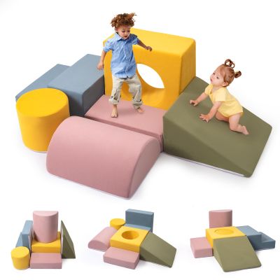 Rinnebbit 6-Piece Foam Climbing Blocks, Kids Climb and Crawl Soft Play Set, Machine Washable Cover, Baby Indoor Activity Play Structure, Climbing Toys for Toddlers 1-3 (Multi-Color, no Ball Pit)