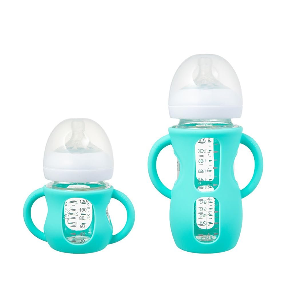 2 Pack Silicone Sleeves for Philips Avent Glass Natural Baby Bottles 4oz and 8oz, Anti Breakage Baby Bottle Holder with Handle, Feeding Bottle Handle (Cyan)