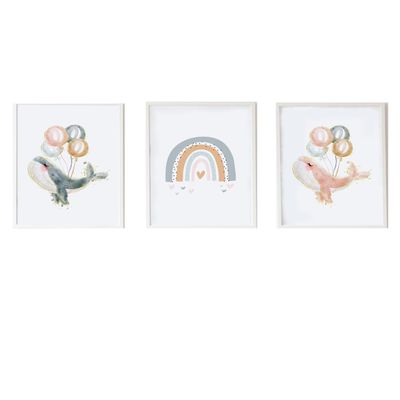 AlexandreHouse Set of 3 cuadros infantiles formado por cuadro ballena gris con globos, cuadro ballena rosa con globos y cuadro arcoiris grey