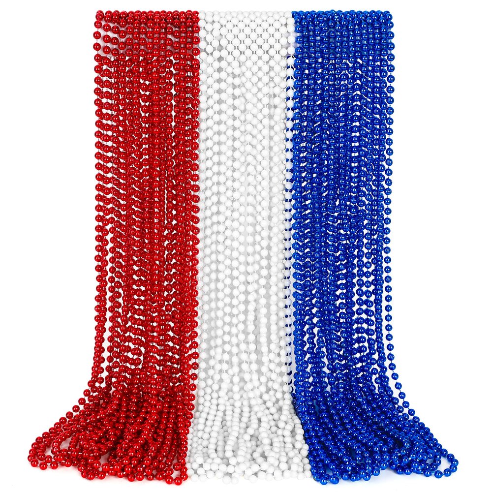 4th of July Necklace Decorations, 30PCS 4th of July Beads Necklaces Accessories, Metallic Patriotic Independence Day Red Blue White Bulk, Beads Necklace for Memorial Day Patriotic Parades Party Favors