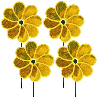 4PCS Flower Wind Spinner Sparkly Lawn Pinwheel 11.8 inch Yellow Garden Windmill for Garden, Party, Outdoor, Yard Decor