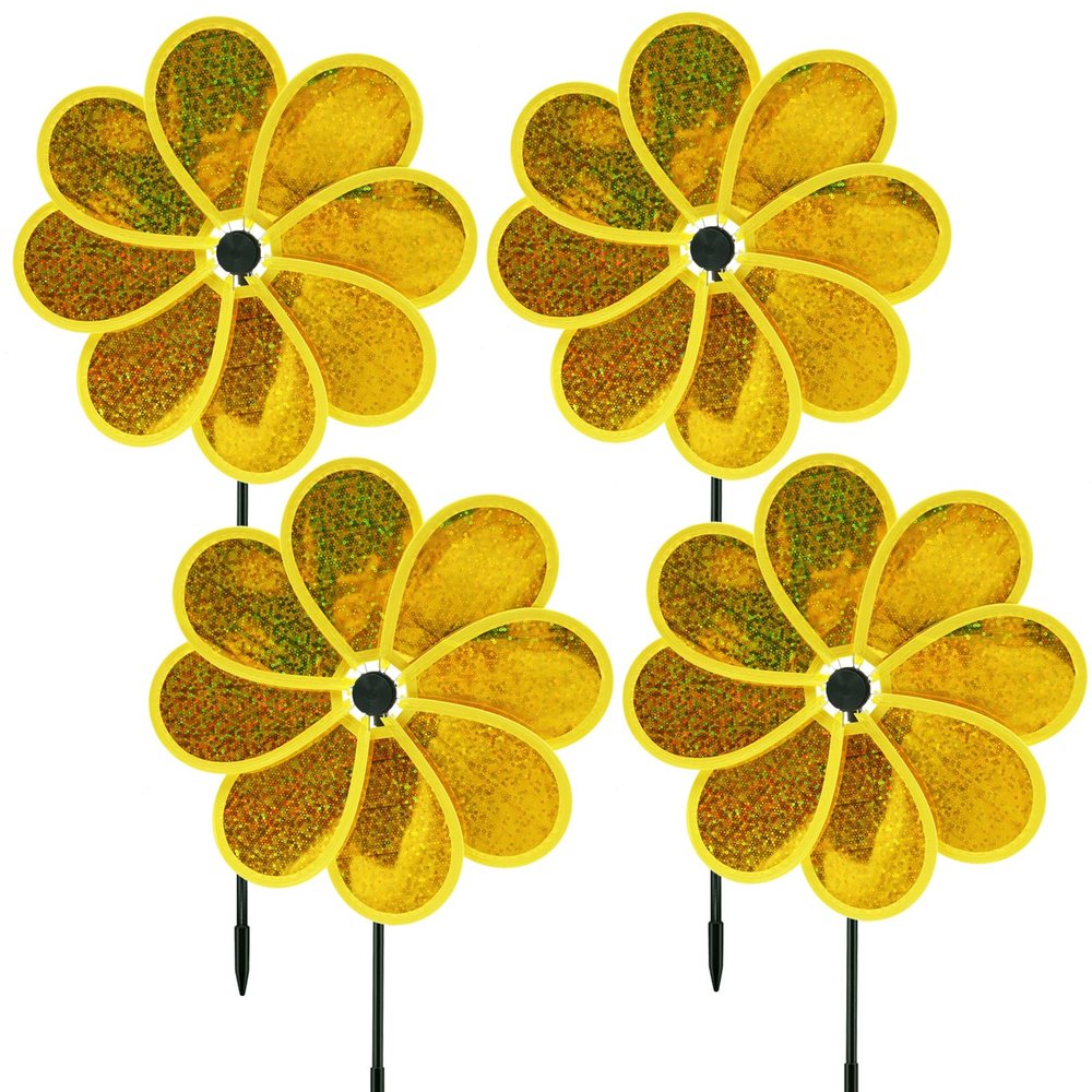 4PCS Flower Wind Spinner Sparkly Lawn Pinwheel 11.8 inch Yellow Garden Windmill for Garden, Party, Outdoor, Yard Decor