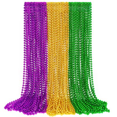 EOBOH 30PCS Mardi Gras Accessories, Green Purple Gold Mardi Gras Beads Necklaces Bulk, Metallic 33" Round Beads Necklace Costumes Decor, Parade Throws Party Decorations Favor Supplies