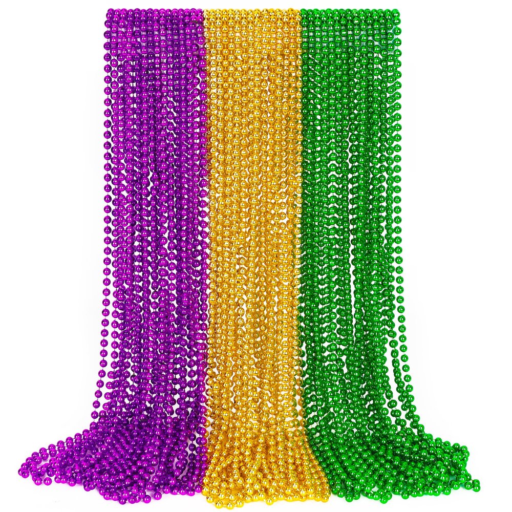 EOBOH 30PCS Mardi Gras Accessories, Green Purple Gold Mardi Gras Beads Necklaces Bulk, Metallic 33" Round Beads Necklace Costumes Decor, Parade Throws Party Decorations Favor Supplies