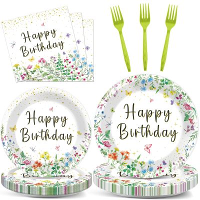 100Pcs Wildflower Party Decorations Floral Birthday Paper Plates and Napkins Wildflower Baby Shower Decorations Flower Disposable Tableware Set for Spring Summer Picnic Wedding Tea Party Serve 25