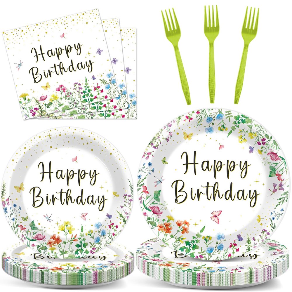 100Pcs Wildflower Party Decorations Floral Birthday Paper Plates and Napkins Wildflower Baby Shower Decorations Flower Disposable Tableware Set for Spring Summer Picnic Wedding Tea Party Serve 25