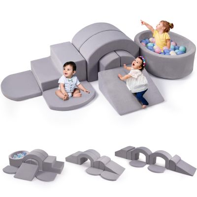 Rinnebbit 9-Piece Foam Climbing Blocks for Toddlers, Baby Climb and Crawl Soft Play Set with Ball Pit, Machine Washable Cover, Indoor Activity Play Structure, Climbing Toys for Toddlers 1-3 (Gray)