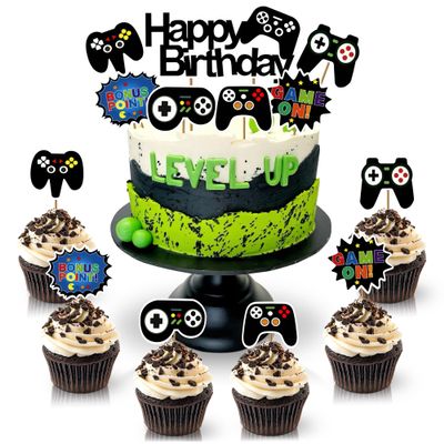 13 Pcs Gamer Cake Topper - Sturdy Cardboard Gamer Cake Decorations with Detailed Gamepads, Video Game Cake Topper Easy & Firm Installation Sticks - Splashy Video Game Decorations for Boys & Girls