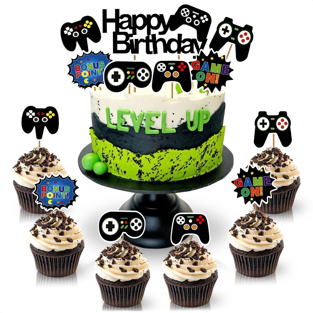 13 Pcs Gamer Cake Topper - Sturdy Cardboard Gamer Cake Decorations with Detailed Gamepads, Video Game Cake Topper Easy & Firm Installation Sticks - Splashy Video Game Decorations for Boys & Girls