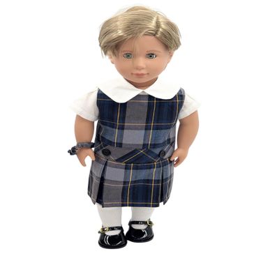 18 inch Doll Outfit-School Plaid Jumper Include Blouse and Hair Accessory/Add on Option: Sock and Shoe (Doll is not Included) (Dropped Waist Jumper,Sock,ShinyBlack Shoe, Plaid 57)