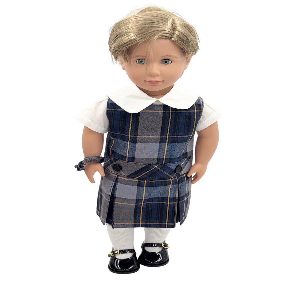 18 inch Doll Outfit-School Plaid Jumper Include Blouse and Hair Accessory/Add on Option: Sock and Shoe (Doll is not Included) (Dropped Waist Jumper,Sock,ShinyBlack Shoe, Plaid 57)