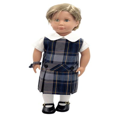 18 inch Doll Outfit-School Plaid Jumper Include Blouse and Hair Accessory/Add on Option: Sock and Shoe (Doll is not Included) (Dropped Waist Jumper,Sock,Matte Black Shoe, Plaid 57)