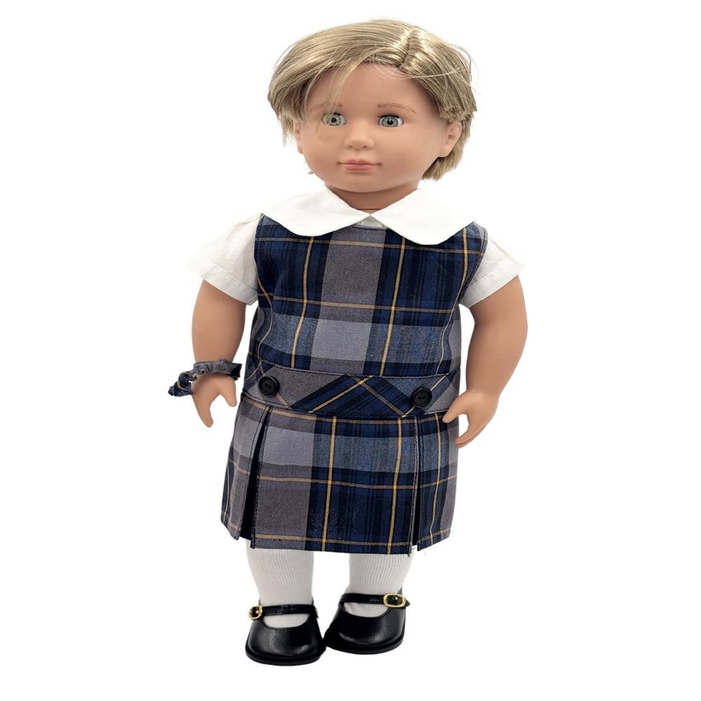 18 inch Doll Outfit-School Plaid Jumper Include Blouse and Hair Accessory/Add on Option: Sock and Shoe (Doll is not Included) (Dropped Waist Jumper,Sock,Matte Black Shoe, Plaid 57)