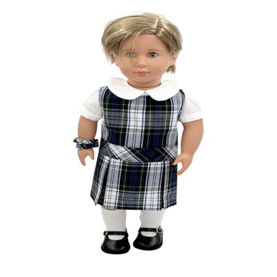 18 inch Doll Outfit-School Plaid Jumper Include Blouse and Hair Accessory/Add on Option: Sock and Shoe (Doll is not Included) (Dropped Waist Jumper,Sock,Matte Black Shoe, Plaid 80)