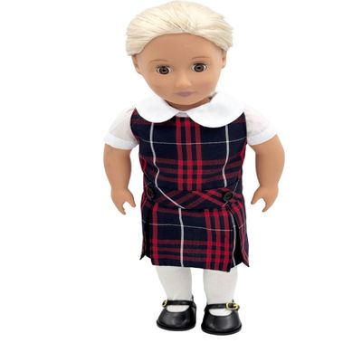 18 inch Doll Outfit-School Plaid Jumper Include Blouse and Hair Accessory/Add on Option: Sock and Shoe (Doll is not Included) (Dropped Waist Jumper,Sock,Matte Black Shoe, Plaid 36)