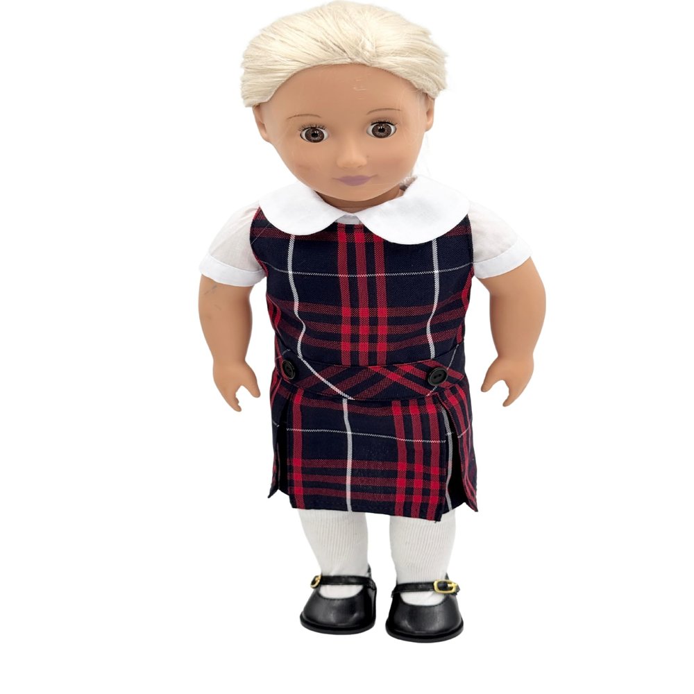 18 inch Doll Outfit-School Plaid Jumper Include Blouse and Hair Accessory/Add on Option: Sock and Shoe (Doll is not Included) (Dropped Waist Jumper,Sock,Matte Black Shoe, Plaid 36)
