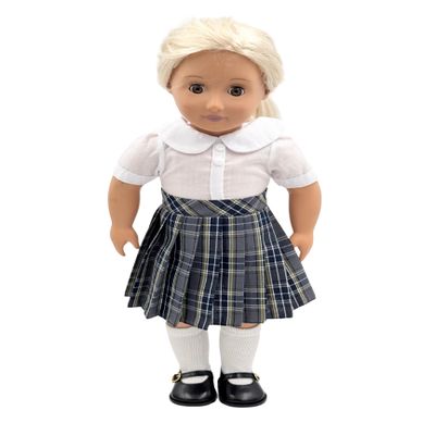 18 inch Doll Outfit-School Plaid Jumper Include Blouse and Hair Accessory/Add on Option: Sock and Shoe (Doll is not Included) (Pleated Skirt,Sock,Matte Black Shoe, Plaid 42)