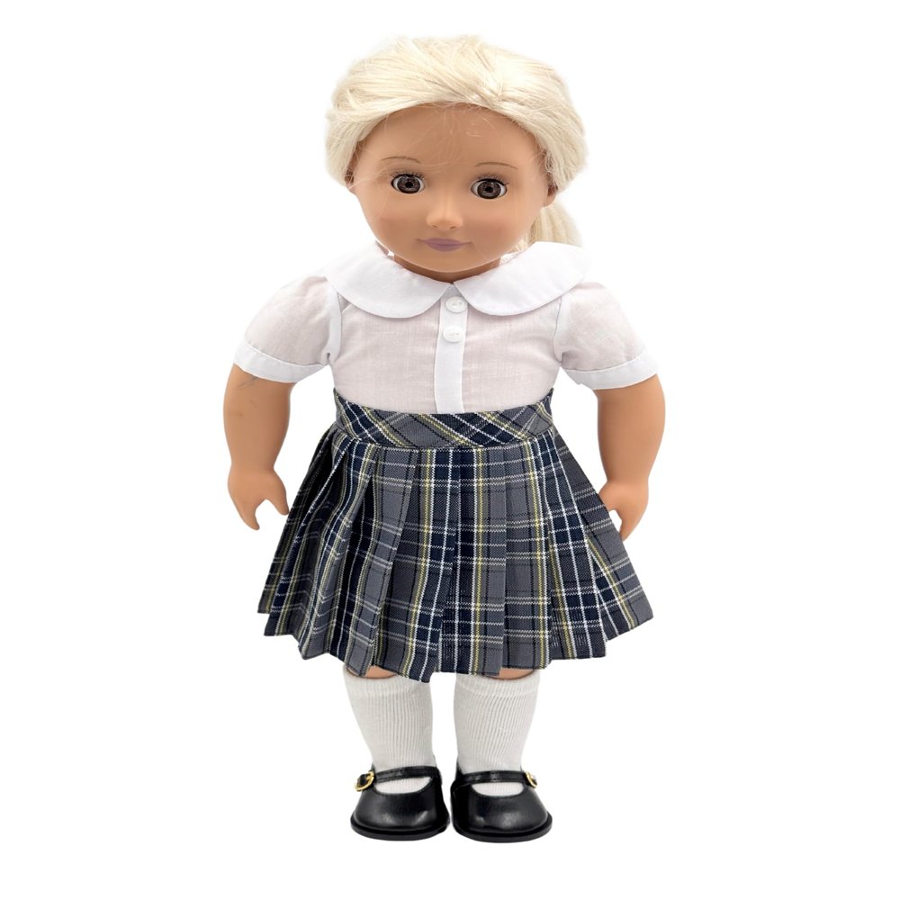 18 inch Doll Outfit-School Plaid Jumper Include Blouse and Hair Accessory/Add on Option: Sock and Shoe (Doll is not Included) (Pleated Skirt,Sock,Matte Black Shoe, Plaid 42)