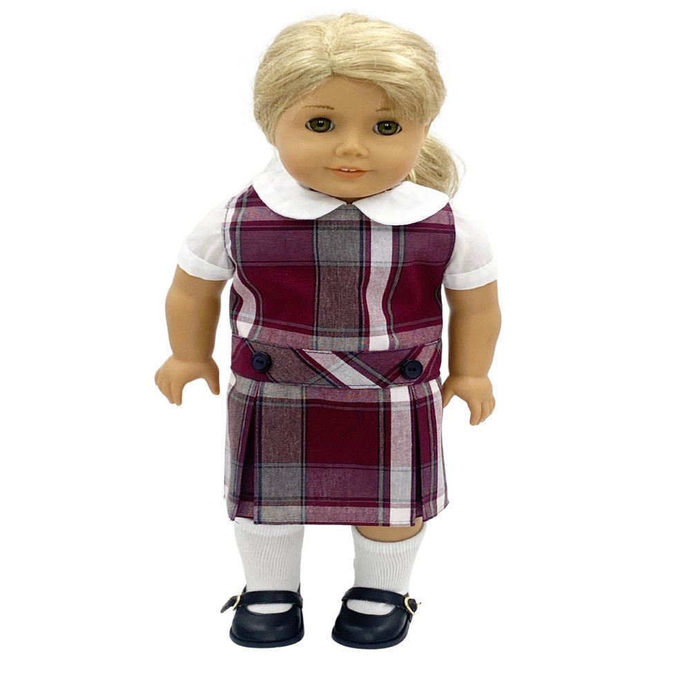 18 inch Doll Outfit-School Plaid Jumper Include Blouse and Hair Accessory/Add on Option: Sock and Shoe (Doll is not Included) (Dropped Waist Jumper,Sock,ShinyBlack Shoe, Plaid 54)