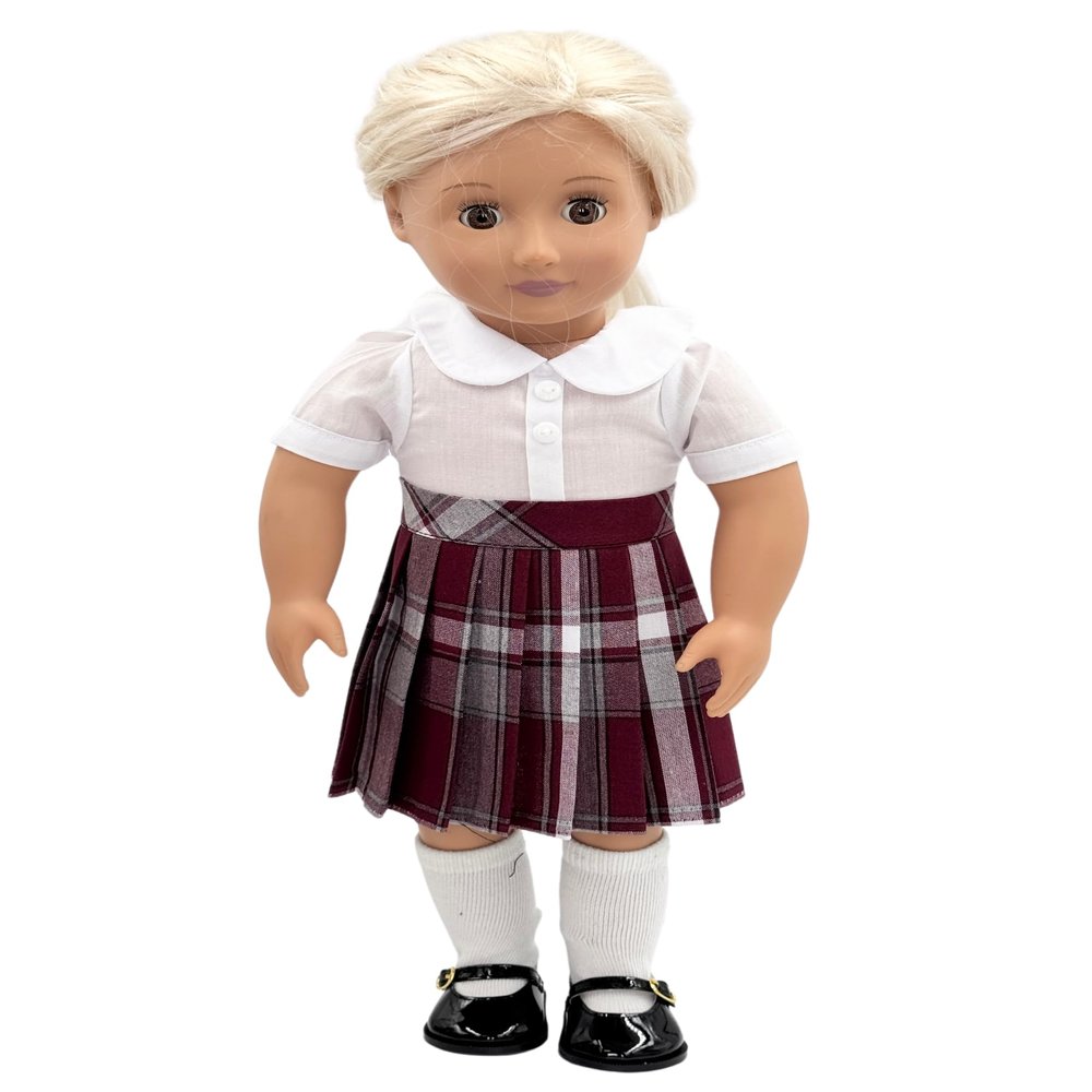 18 inch Doll Outfit-School Plaid Jumper Include Blouse and Hair Accessory/Add on Option: Sock and Shoe (Doll is not Included) (Pleated Skirt,Sock,ShinyBlack Shoe, Plaid 54)