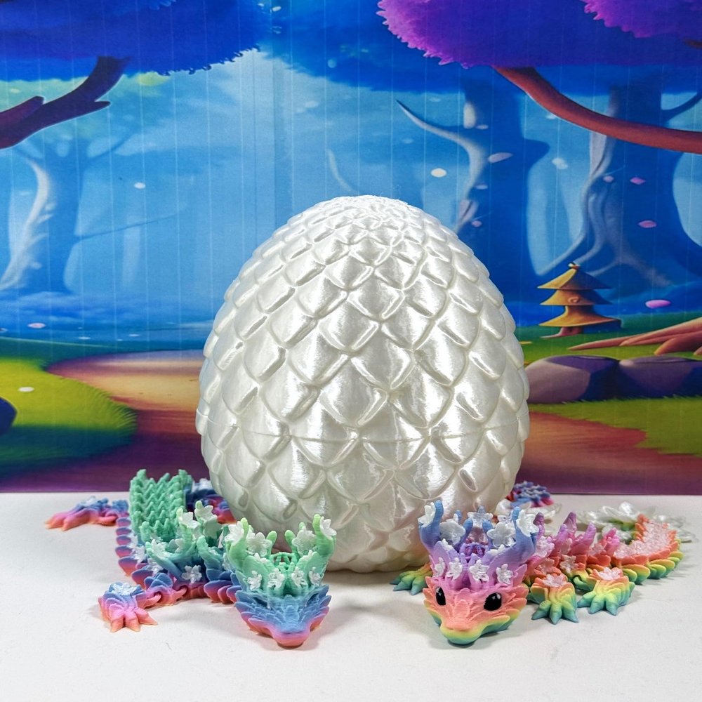 3D Printed Dragons with Dragon Egg, Articulated Mother and Child Dragons, White and Pink Cherry Blossom Baby Dragon, Fidget ADHD Autism Toy MCD-060-004-MAC-WE