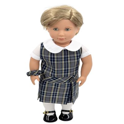 18 inch Doll Outfit-School Plaid Jumper Include Blouse and Hair Accessory/Add on Option: Sock and Shoe (Doll is not Included) (Dropped Waist Jumper,Sock,ShinyBlack Shoe, Plaid 42)