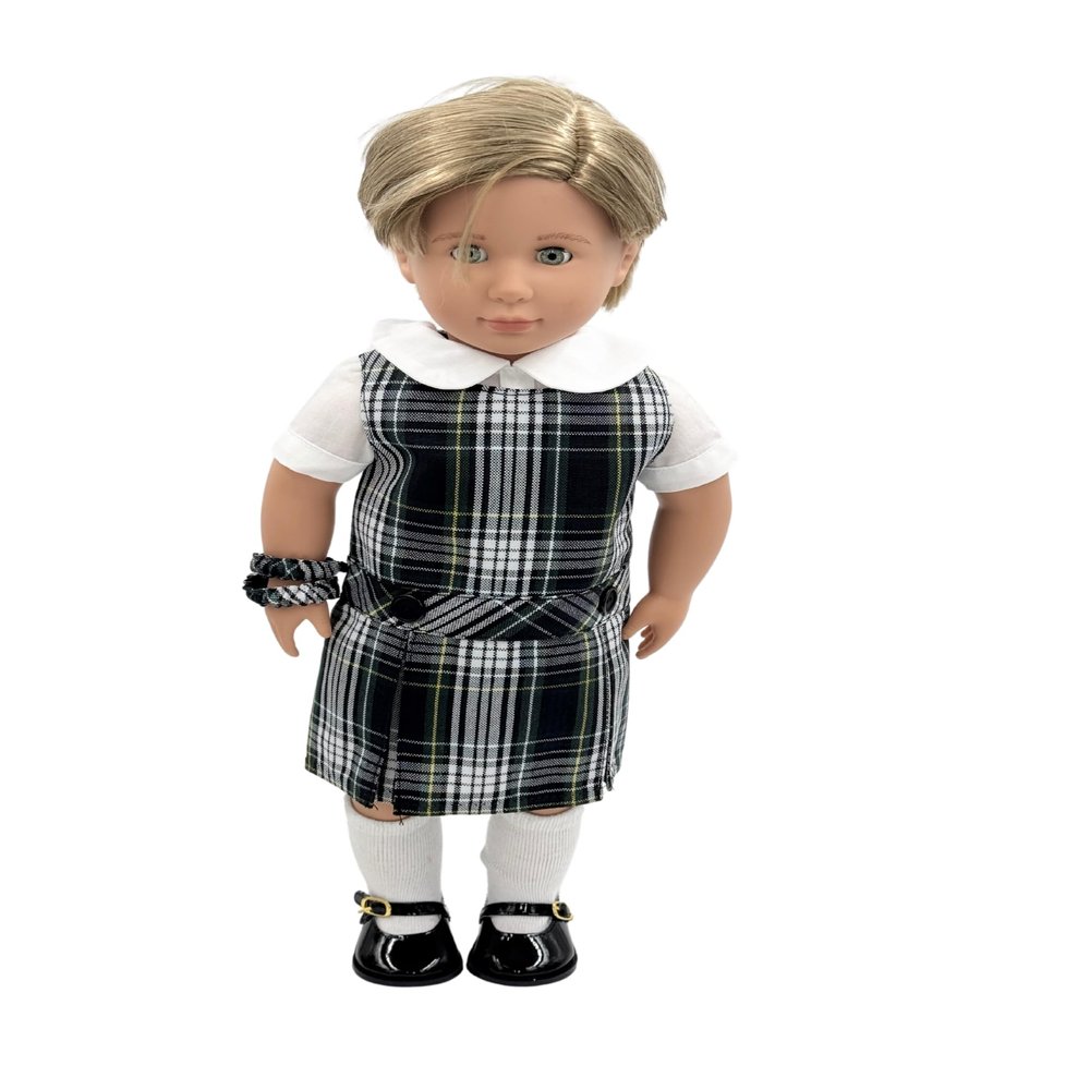18 inch Doll Outfit-School Plaid Jumper Include Blouse and Hair Accessory/Add on Option: Sock and Shoe (Doll is not Included) (Dropped Waist Jumper,Sock,ShinyBlack Shoe, Plaid 61)